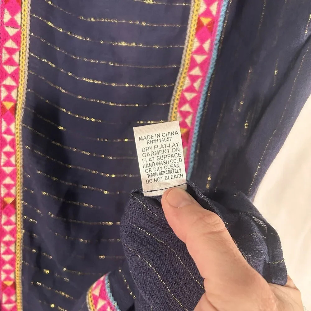 THML Top Women's XS Blue Striped Gold Vneck Lightwieght Rayon - Picture 7 of 10